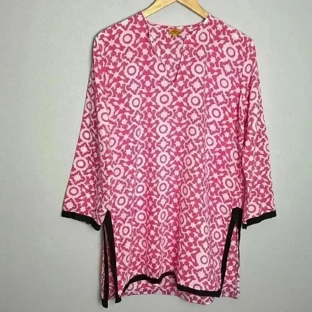 Roberta Roller Rabbit Tunic Top Beach Cover Up 100% Cotton Pink Brown White